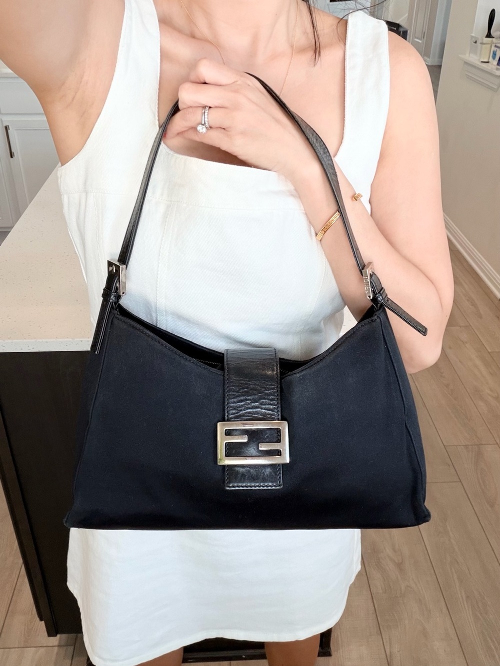 Authentic Vintage FENDI Black Neoprene Baguette Shoulder Bag – Silver FF Logo